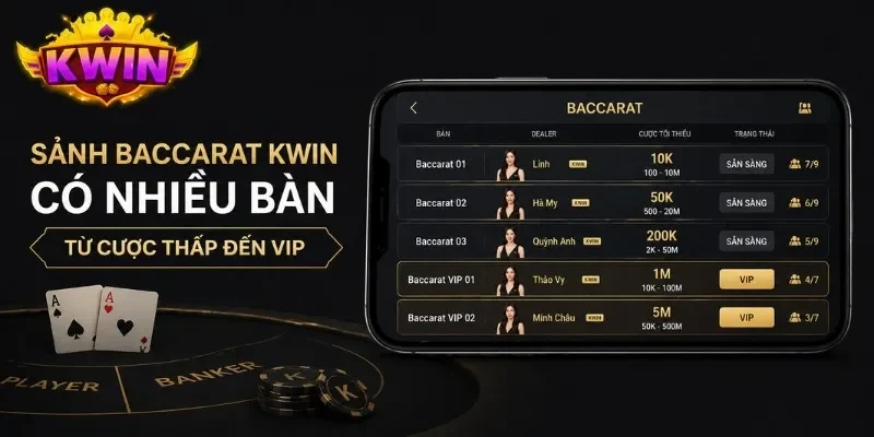 Bàn baccarat live tại KWIN với dealer thật và nhiều mức cược khác nhau